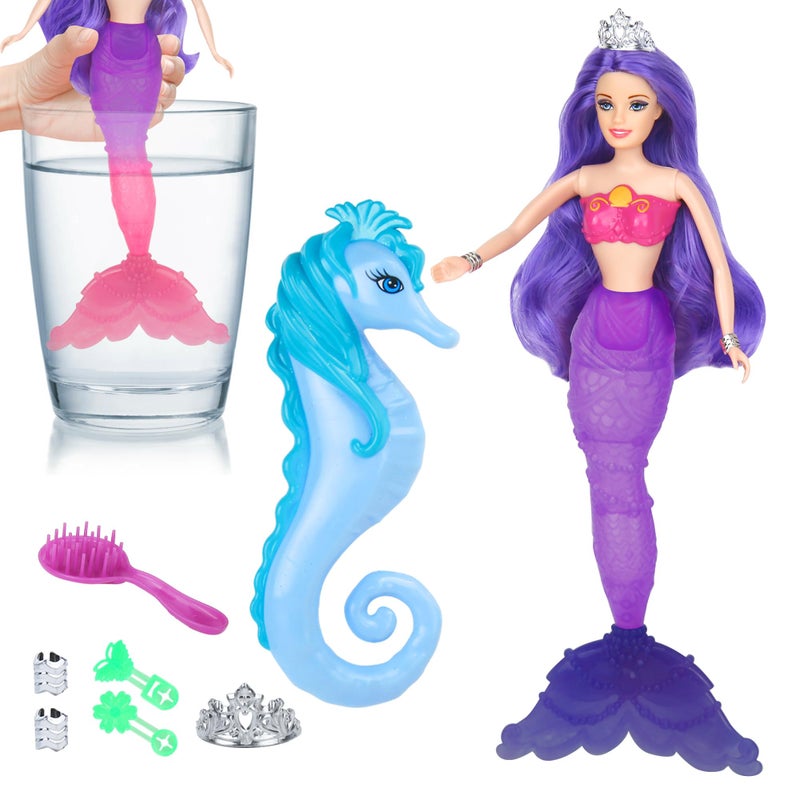 BETTINA Color Change Mermaid Doll Playset, Mermaid Princess Doll with Color-Changing Tail, Mermaid Toys with Seahorse & Accessories, Purple Hair - Image 1